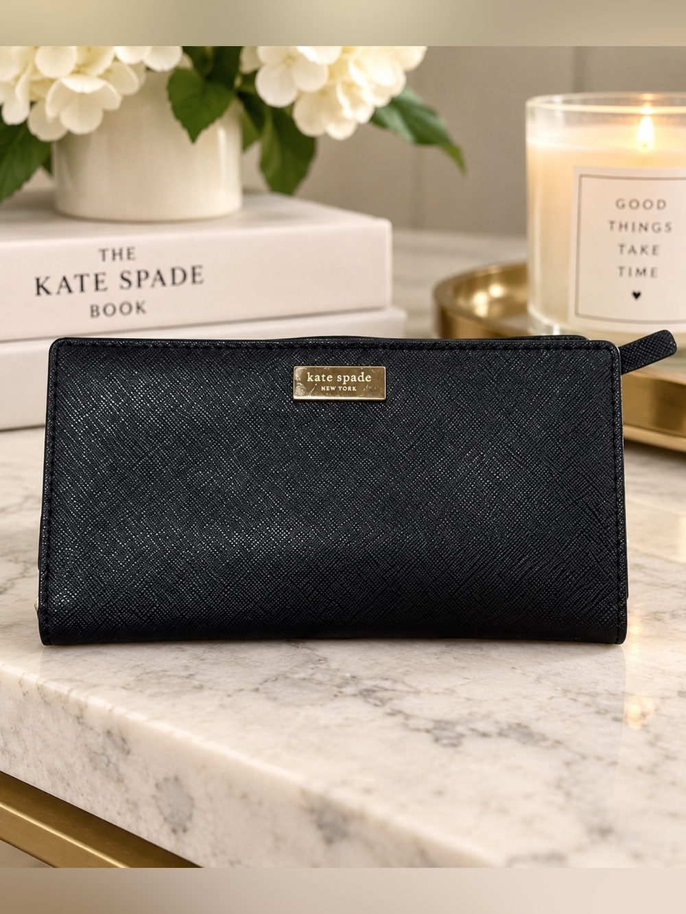 Kate Spade Black Saffiano Leather Slim Bifold Wallet ID Zip Coin Pocket